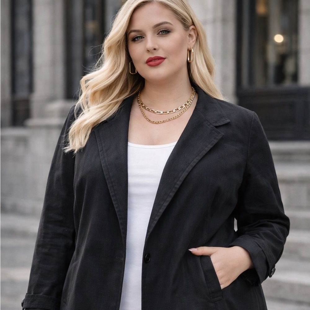 Talbots Womens Black 100% Linen Open Front Blazer Jacket Size 16